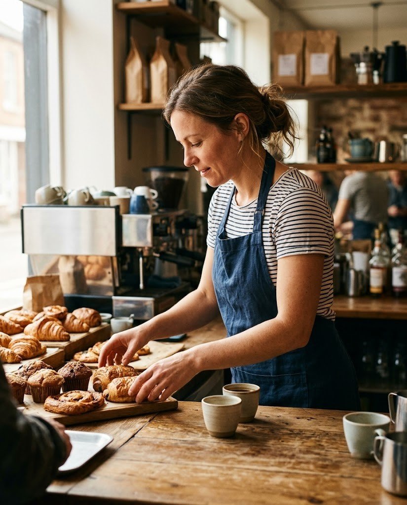 Barista arranging fresh pastries at an independent café counter