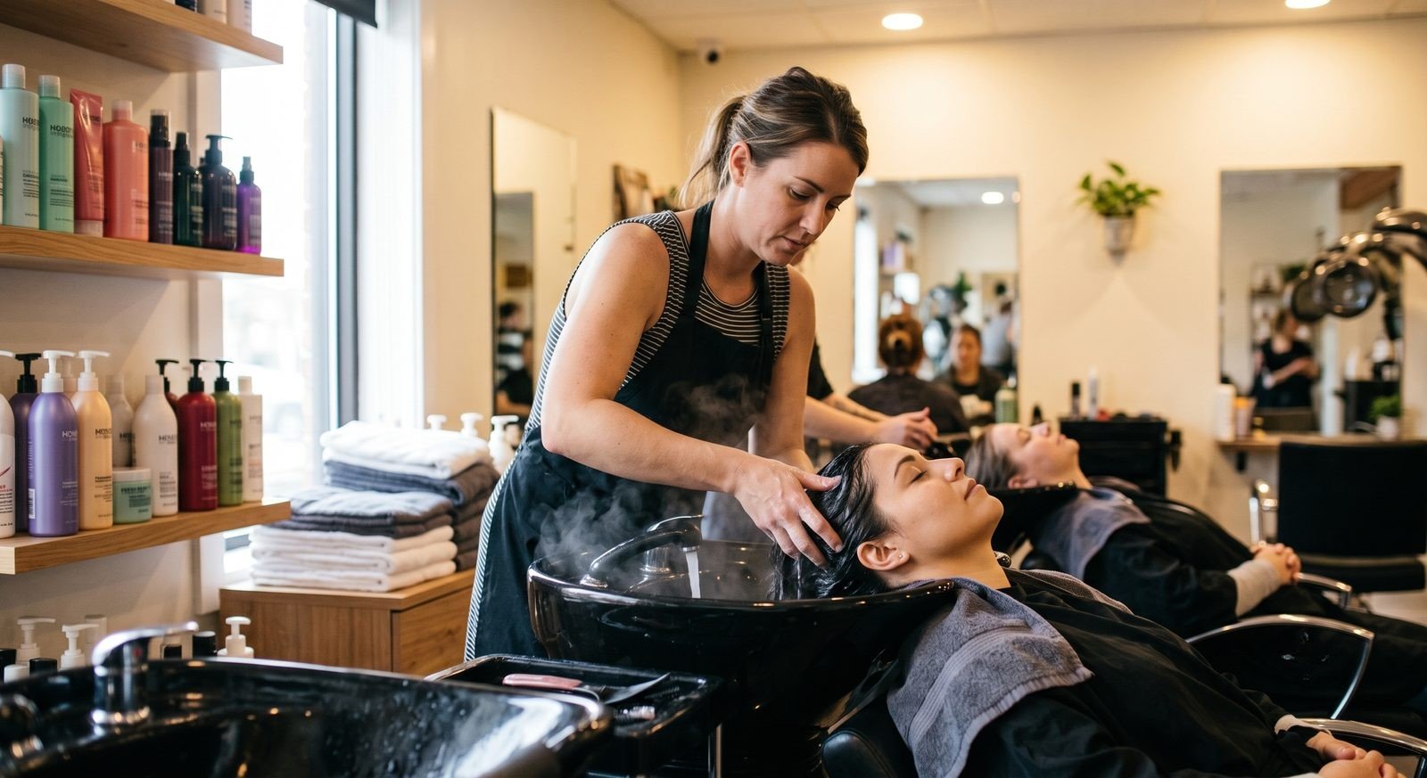 Hairdresser washing a client's hair at a salon basin